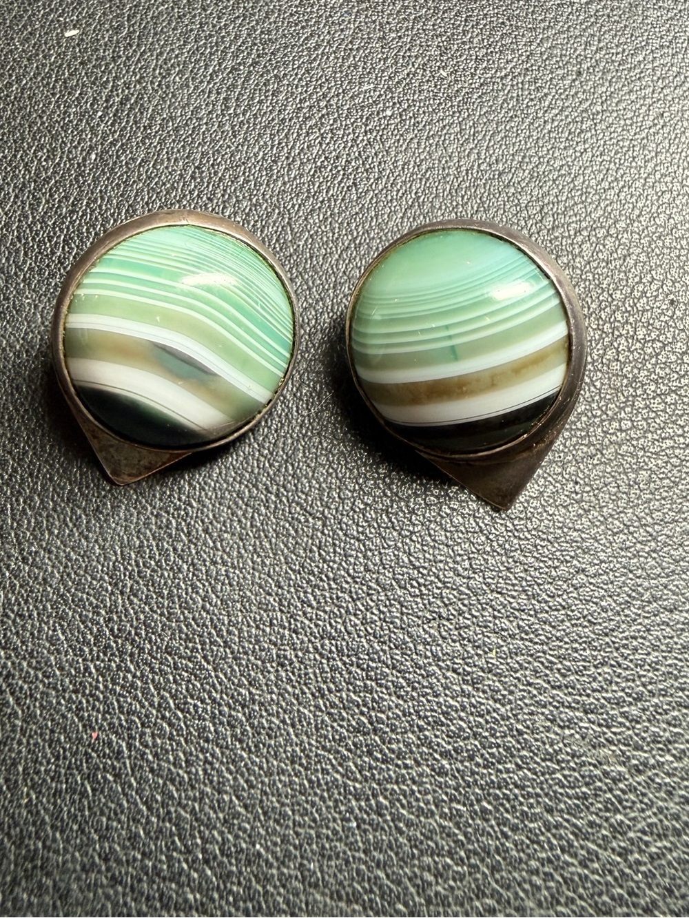 Vintage Sterling Silver Modernist Green Banded Agate Cabochon Earrings Pierced